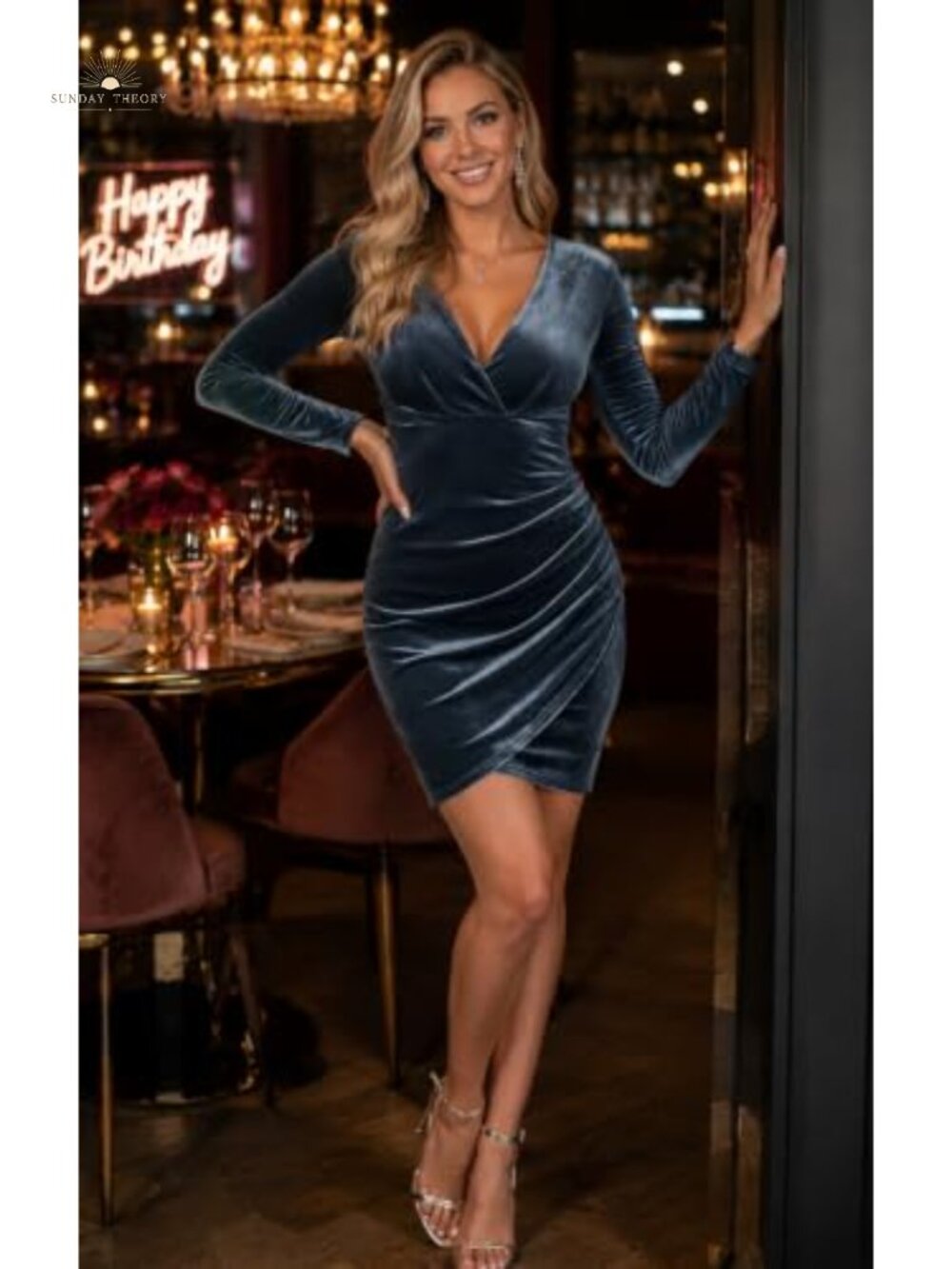 IHOT Women's Sexy V Neck Long Sleeve Velvet Bodycon Ruched Faux Wrap Cocktail - Picture 5 of 6